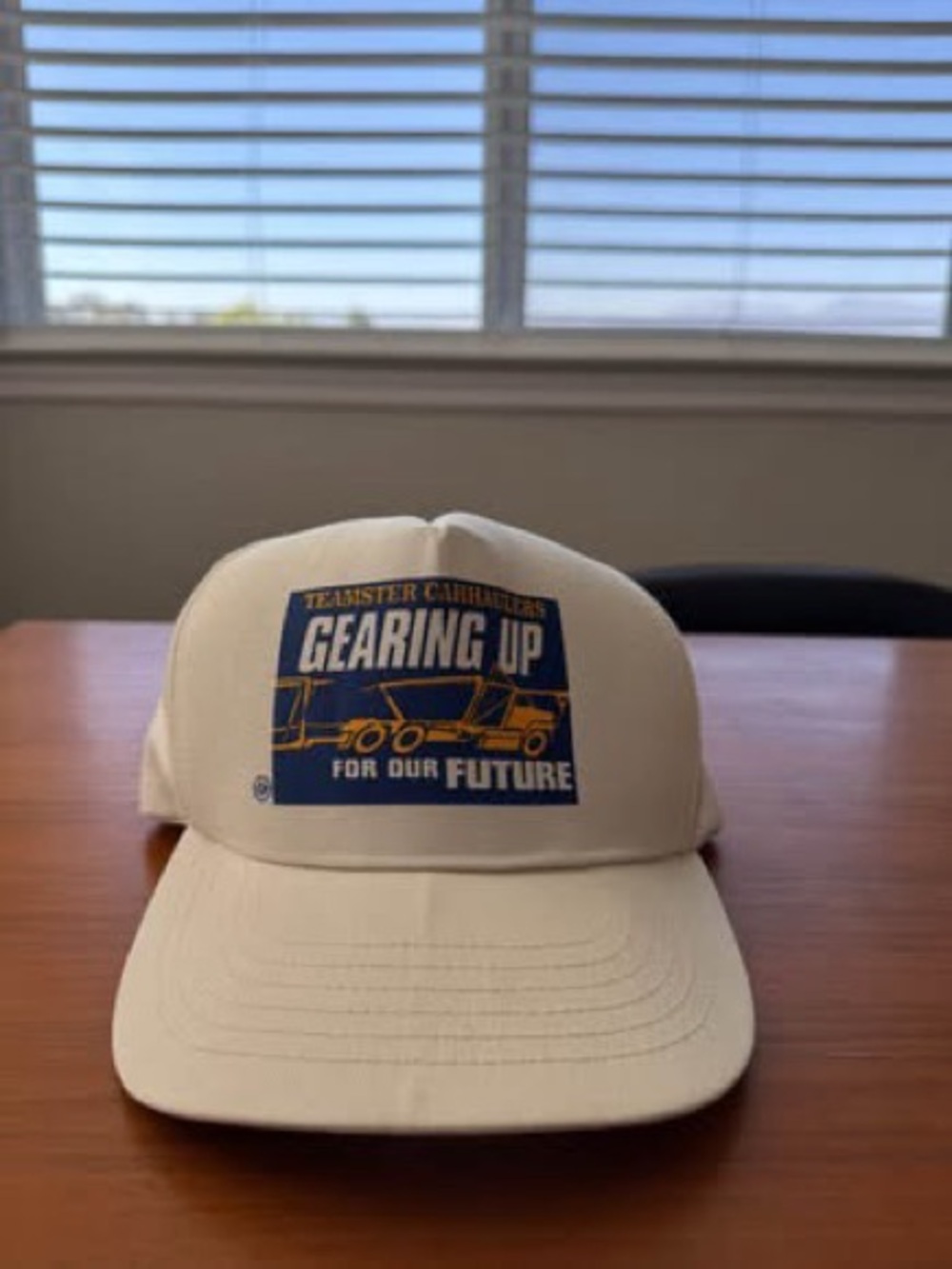 Vintage Teamster Gearing Up White Cap with Blue & Yellow Logo